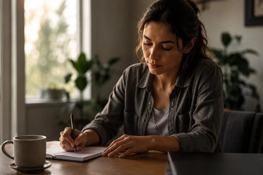 Clinical director listening across a table in warm office light