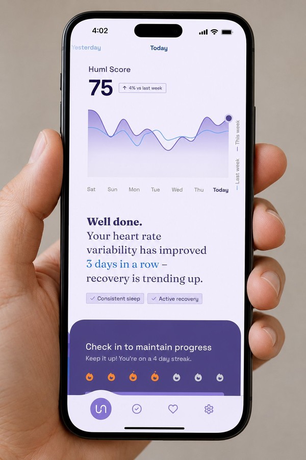 The Huml Connect app on a patient's own phone, showing the Huml Score and weekly trend