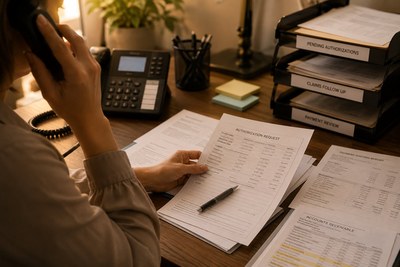 Hands and paperwork at a desk